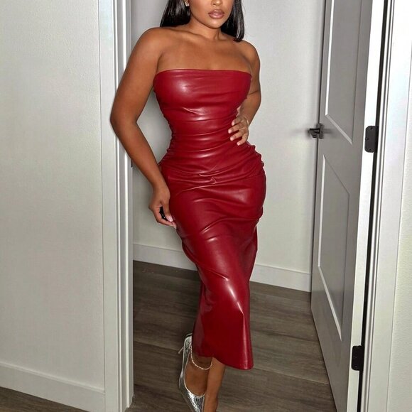 fitted lace wedding dress Lila Burgundy Faux Leather Plunge-Neck Maxi Dress With Split – Club L  London main image 0